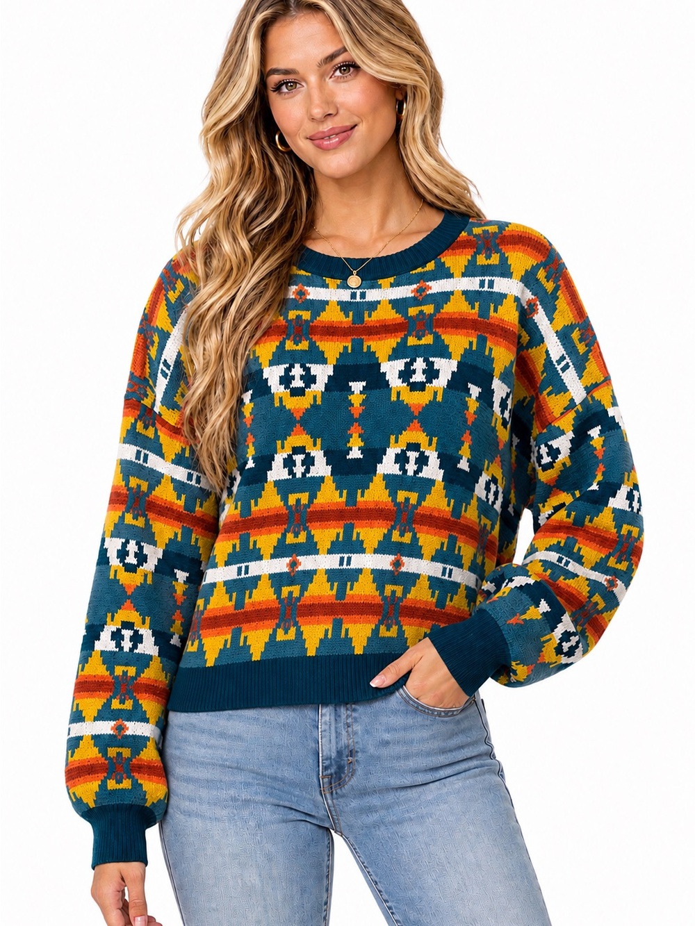 Rock & Roll Denim Turquoise Multi Color Aztec Cropped Sweater Medium